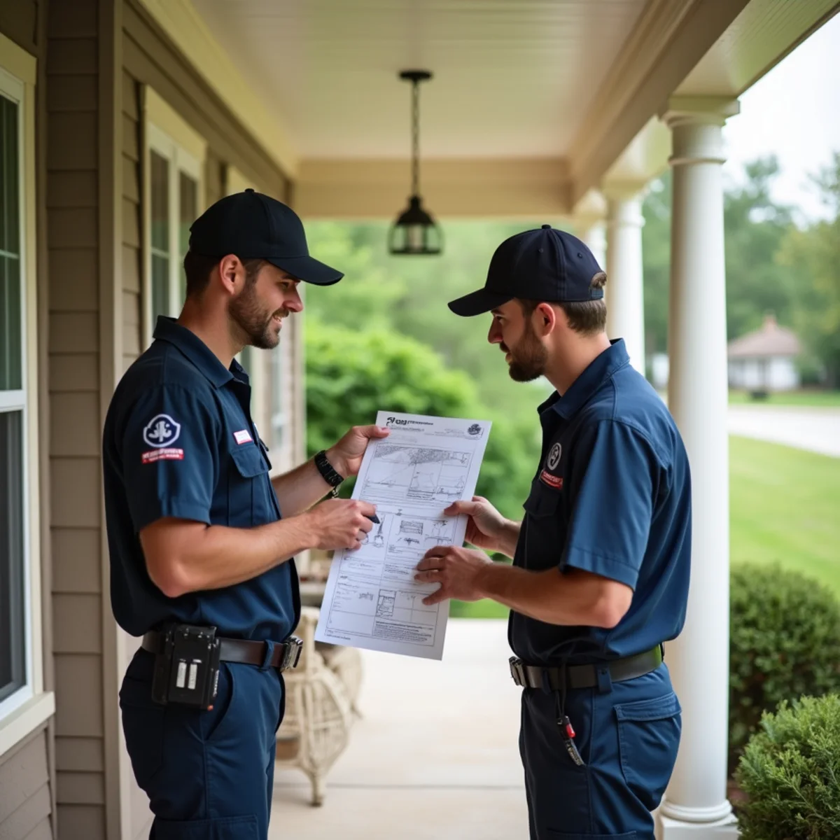 Licensed Texas pest control technician explaining written inspection findings and treatment diagram to homeowner