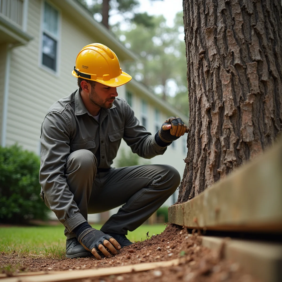Pest control technician inspecting mature loblolly pine tree trunk for carpenter ant foraging trails