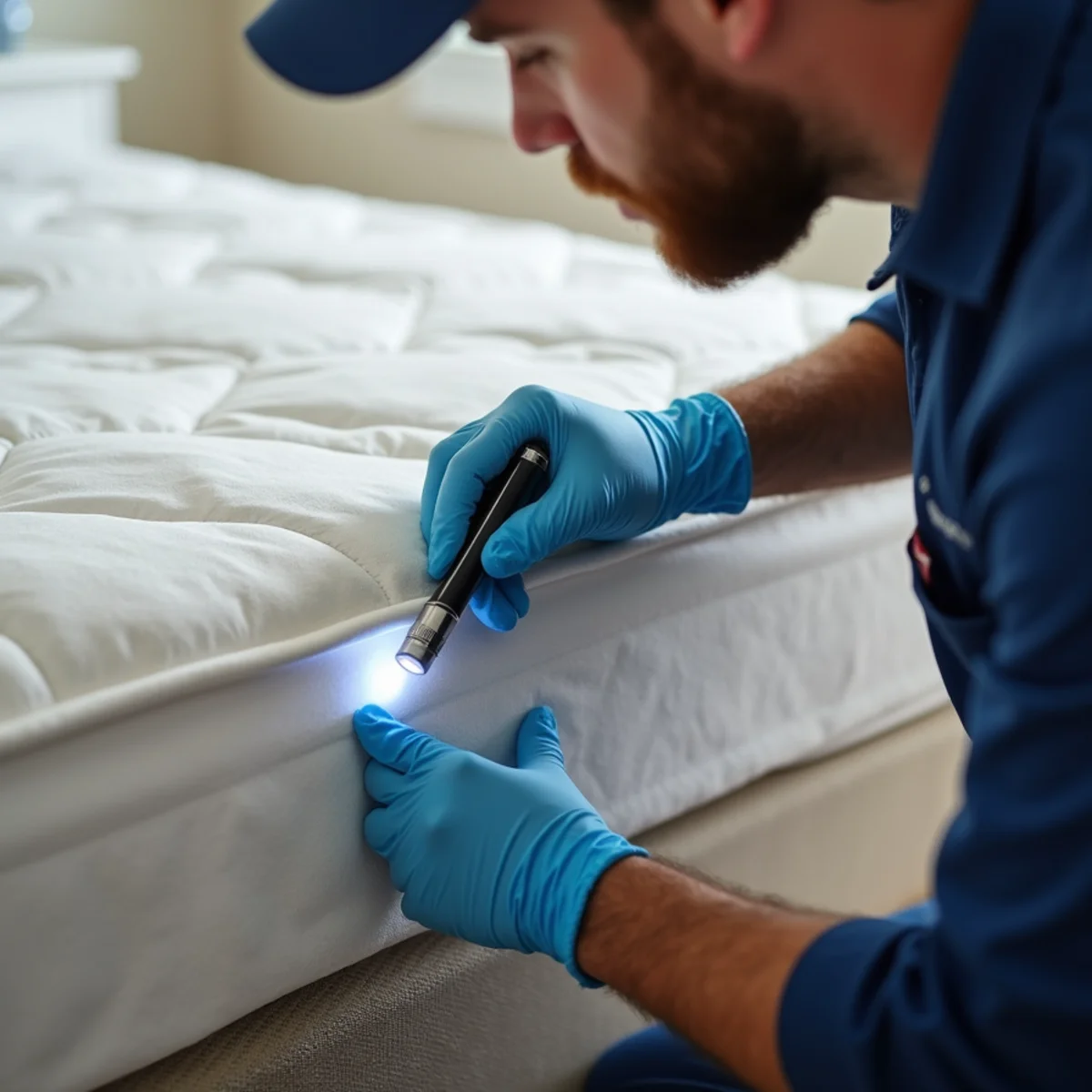 Close-up macro inspection of mattress piping seams and wooden box spring corners with LED light