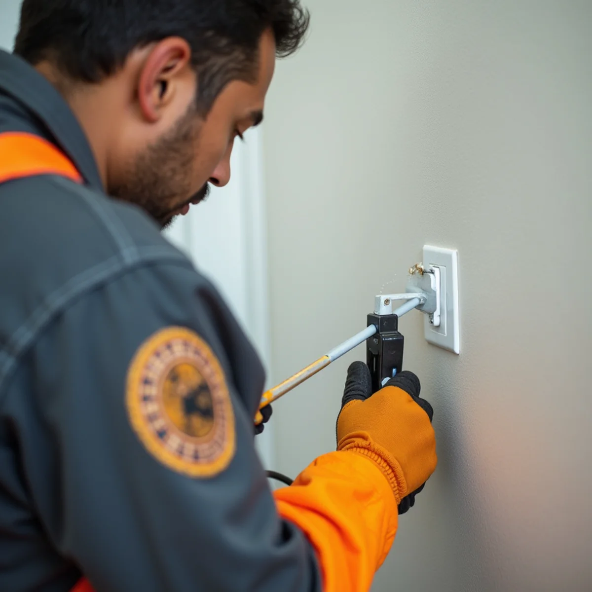 Technician applying precision multi-mode residual dust into wall outlet and baseboard crevice