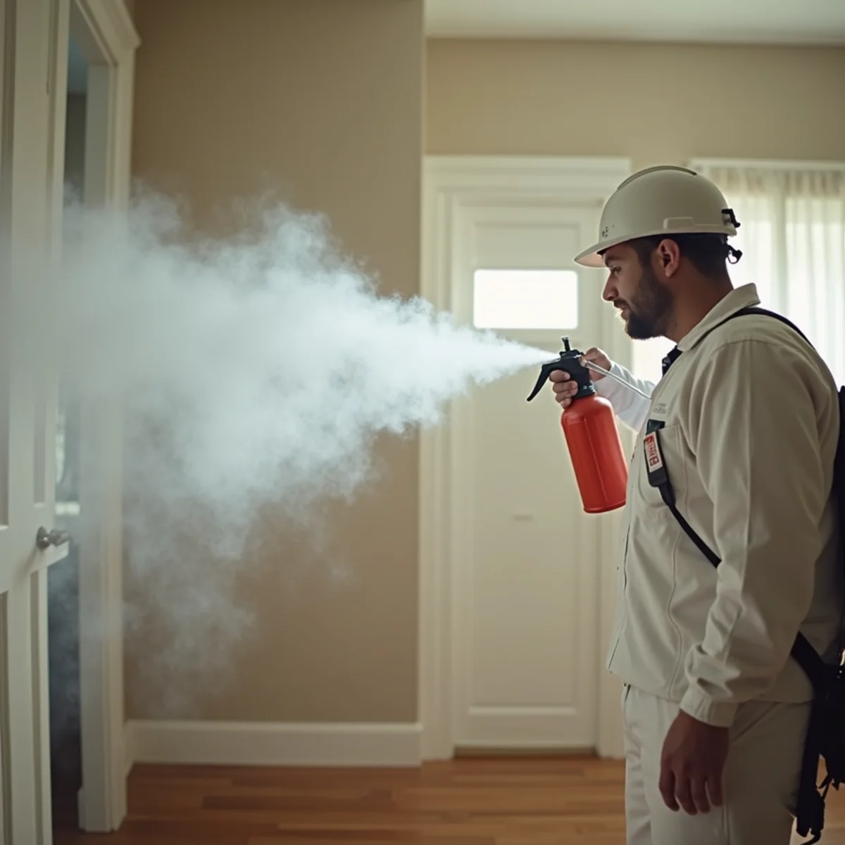 Aerosol bug bomb fogger discharging chemical repellent vapor in residential room