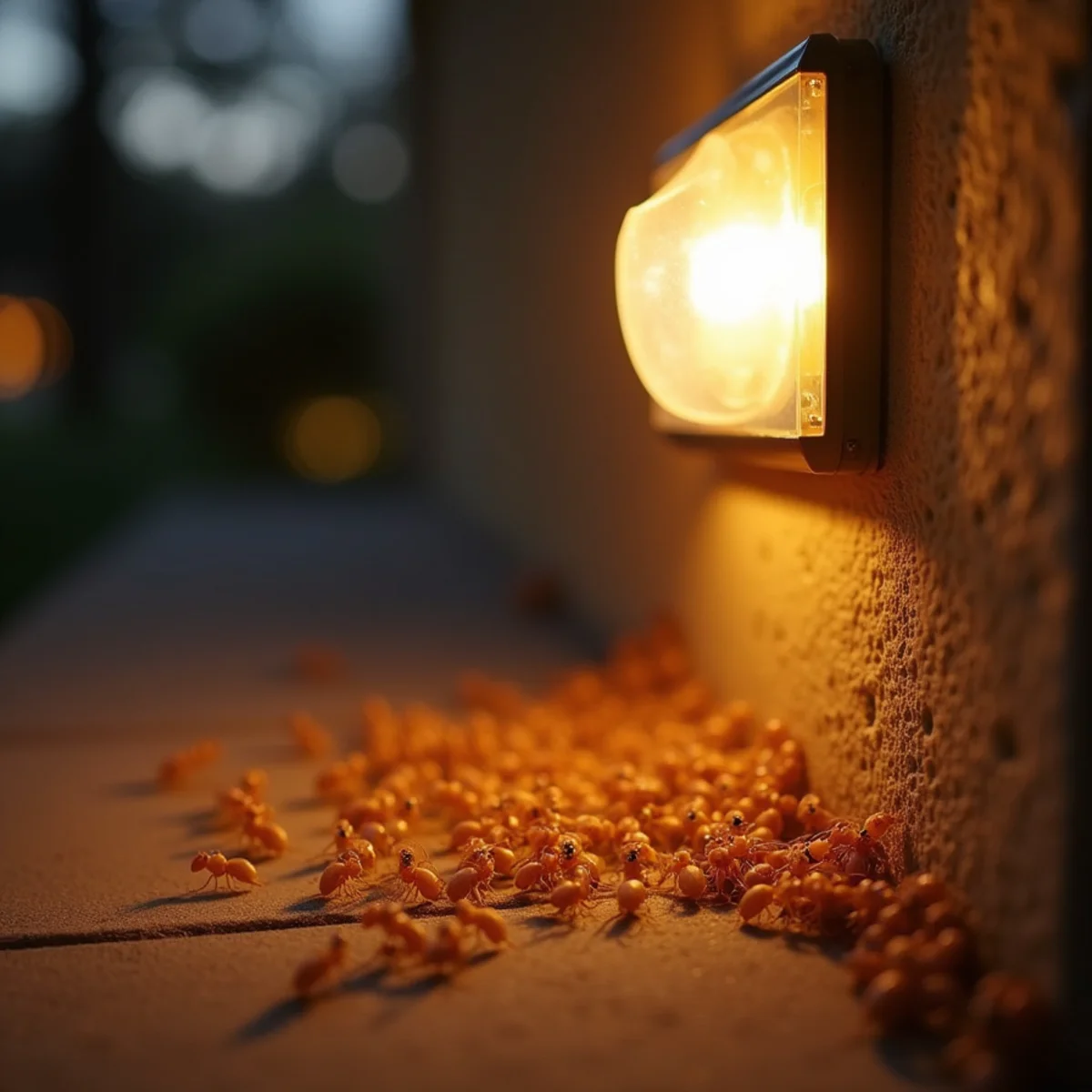 Caramel-colored Formosan termite swarmers fluttering around residential outdoor light fixture
