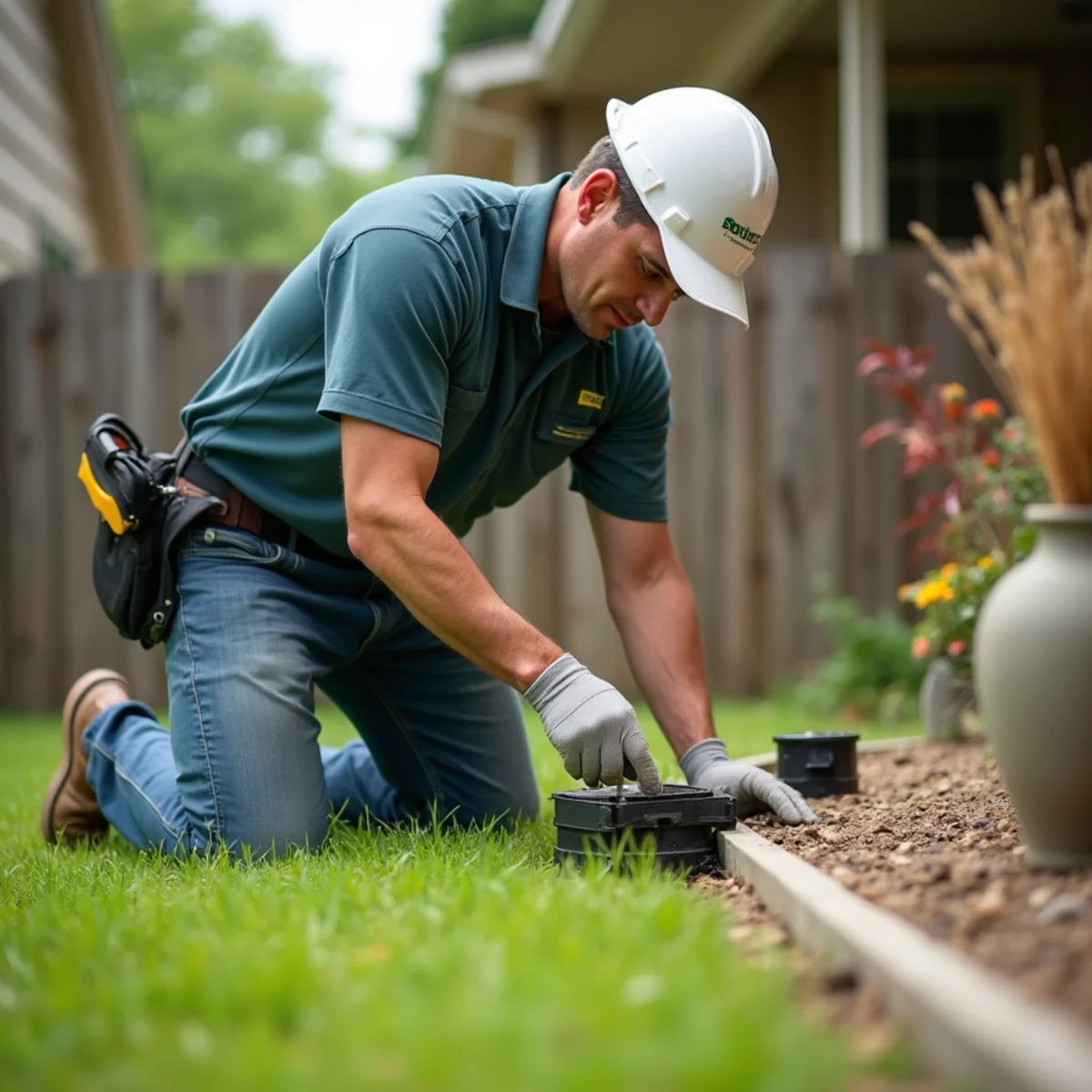 Technician installing Sentricon baiting station along residential perimeter for Formosan defense