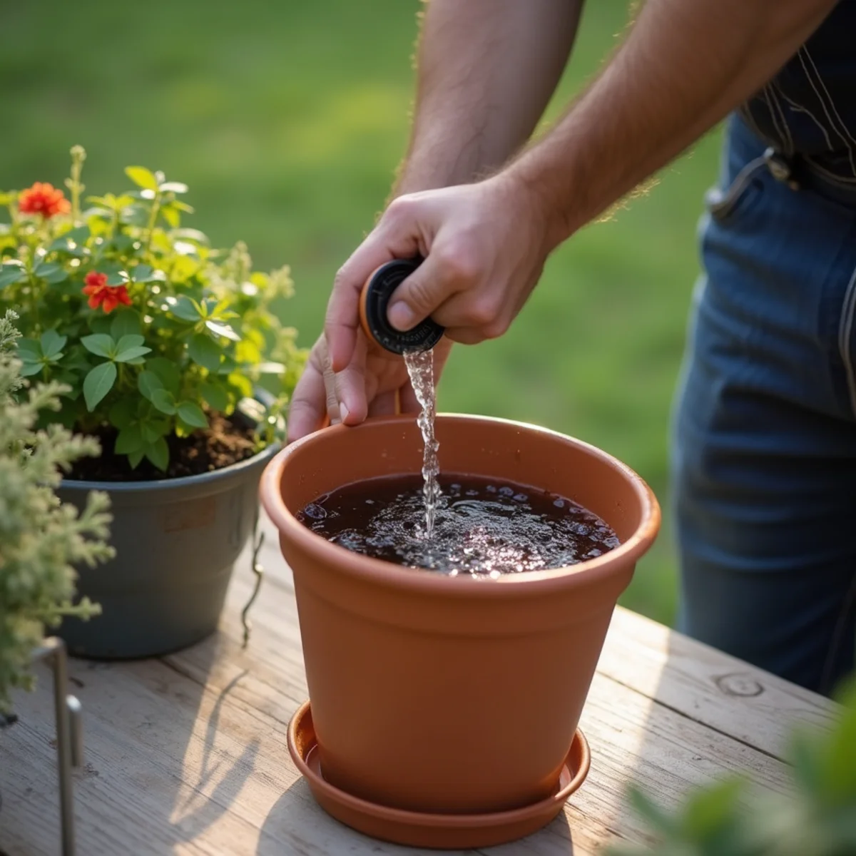 Homeowner emptying stagnant rain water from plant saucers and patio containers