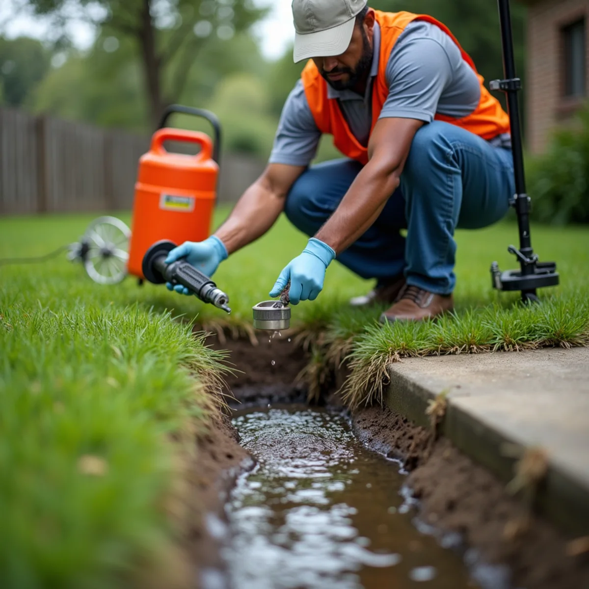 Placing biological BTI mosquito dunk briquette into corrugated lawn French drain basin