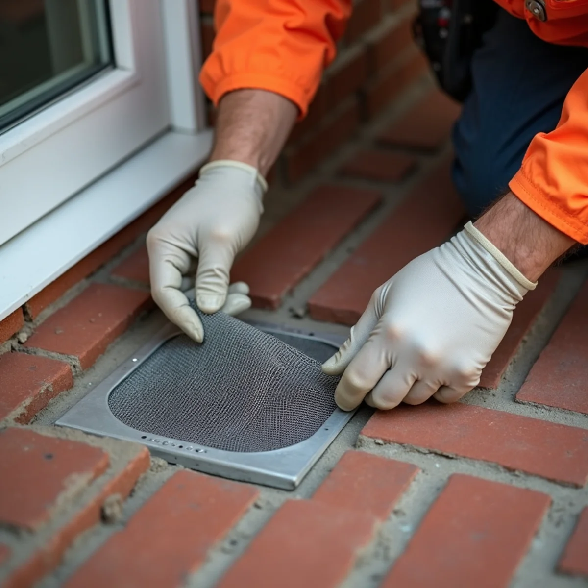 Stainless steel wire mesh insert installed in brick foundation weep hole