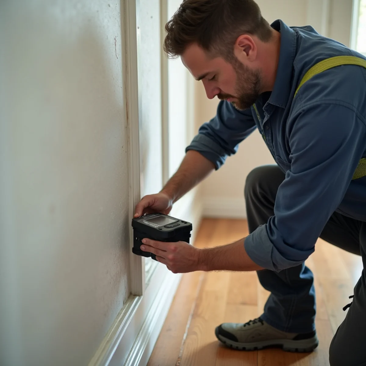 Technician using digital moisture meter to test water-saturated drywall studs for termite risk