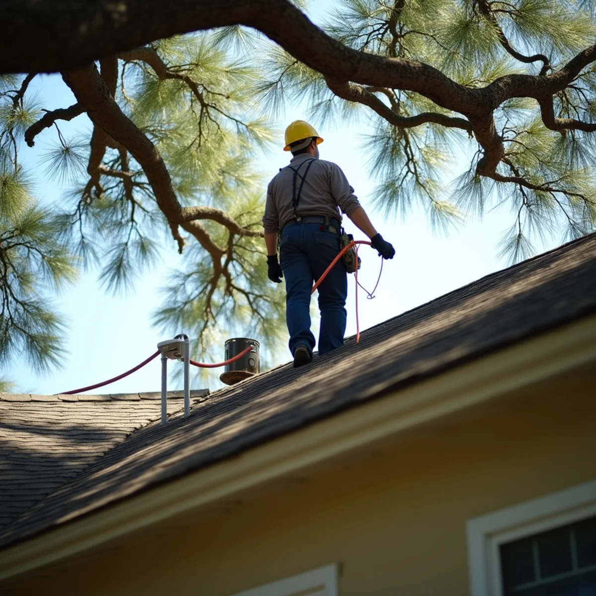Mature pine tree branches extending over residential shingle roof in Kingwood Texas