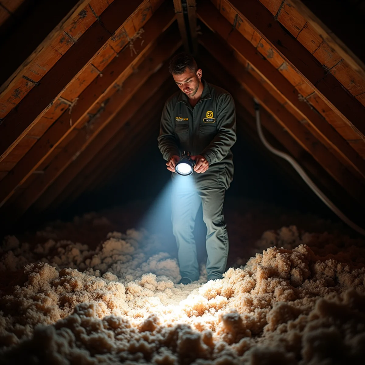 Attic crawlspace inspection showing insulation and roof rafters in Texas home