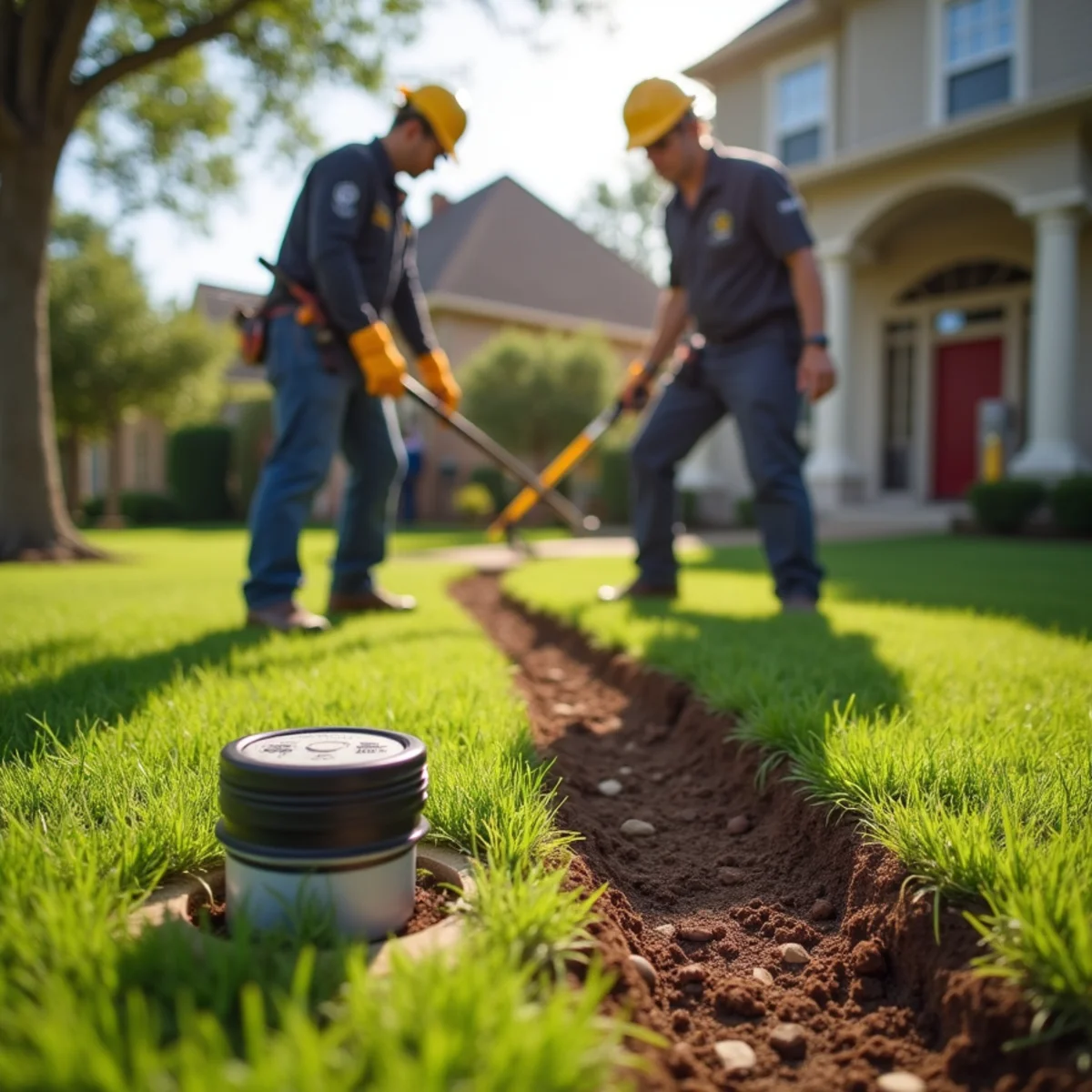 In-ground termite bait station installed flush with green residential lawn