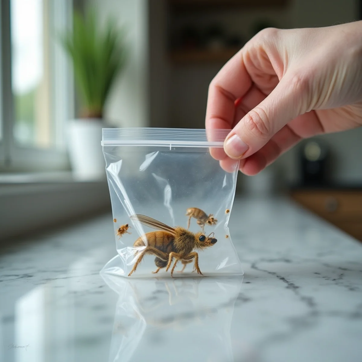 Collecting intact termite swarmer specimens inside a clear sealed plastic bag