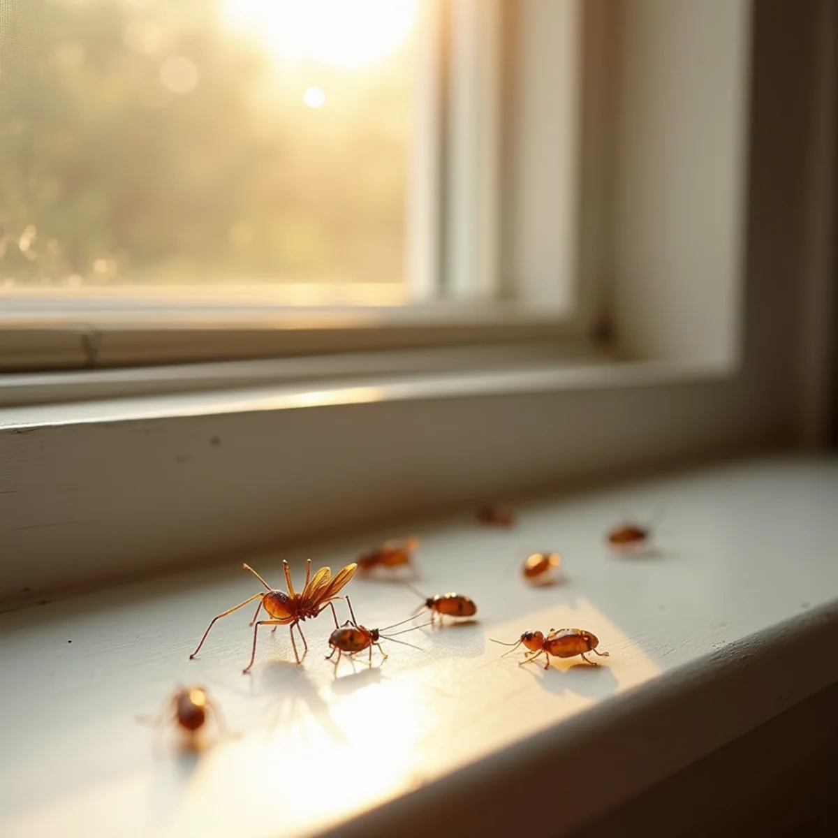 Close-up of winged termite swarmers on window sill next to discarded wings