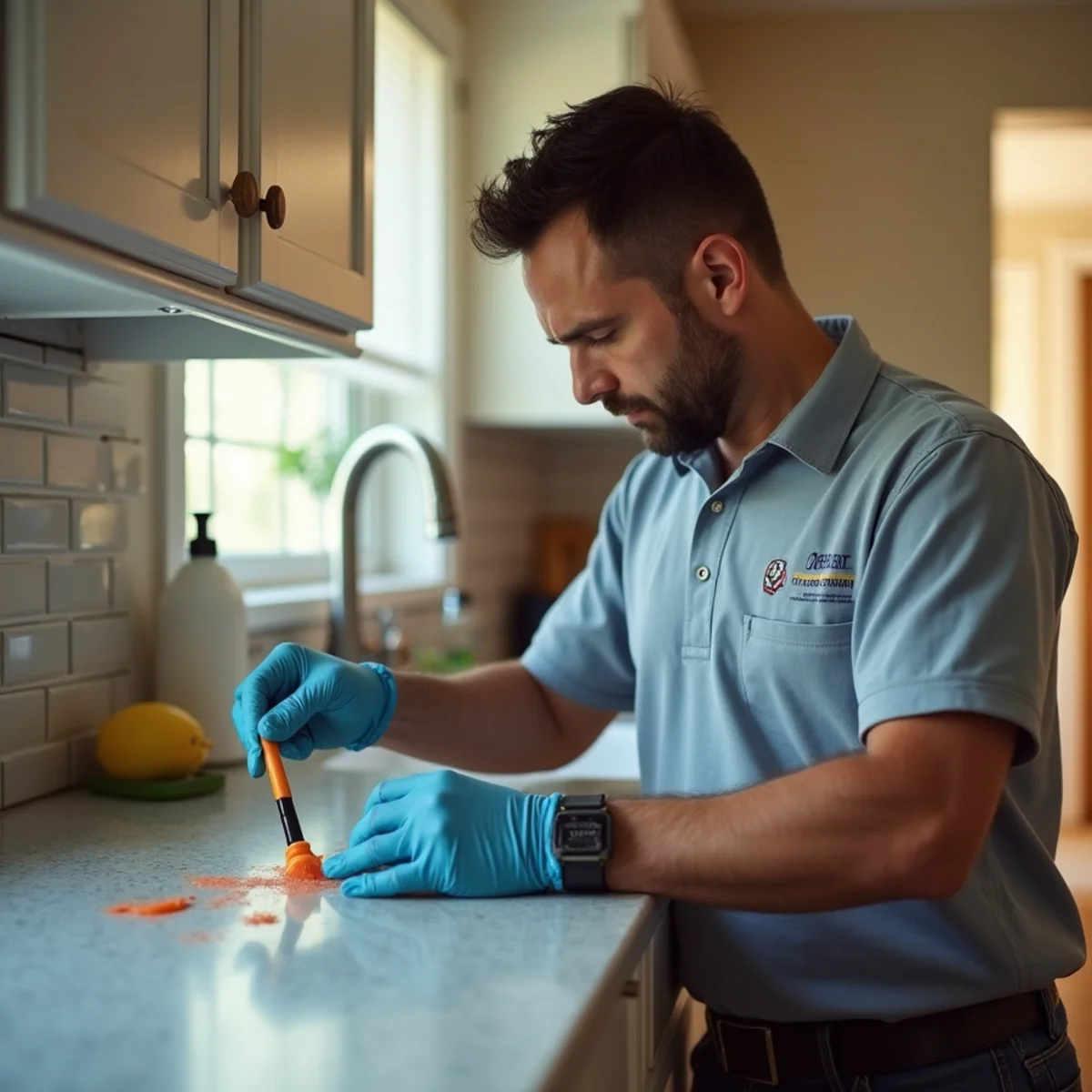 Technician applying interior kitchen gel bait versus spraying exterior foundation perimeter