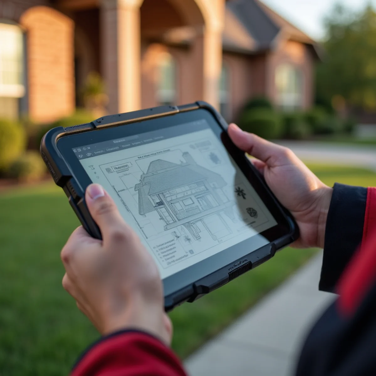 Pest management specialist referencing digital diagnostic guides during on-site termite inspection