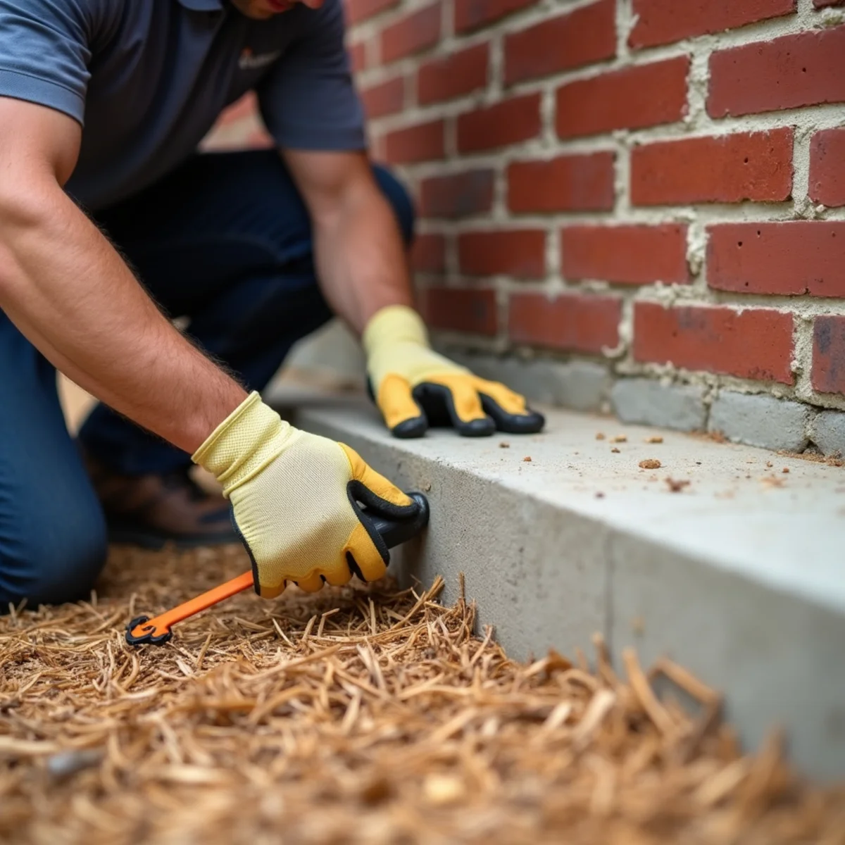 Technician probing foundation slab for subterranean termite tubes in Humble TX