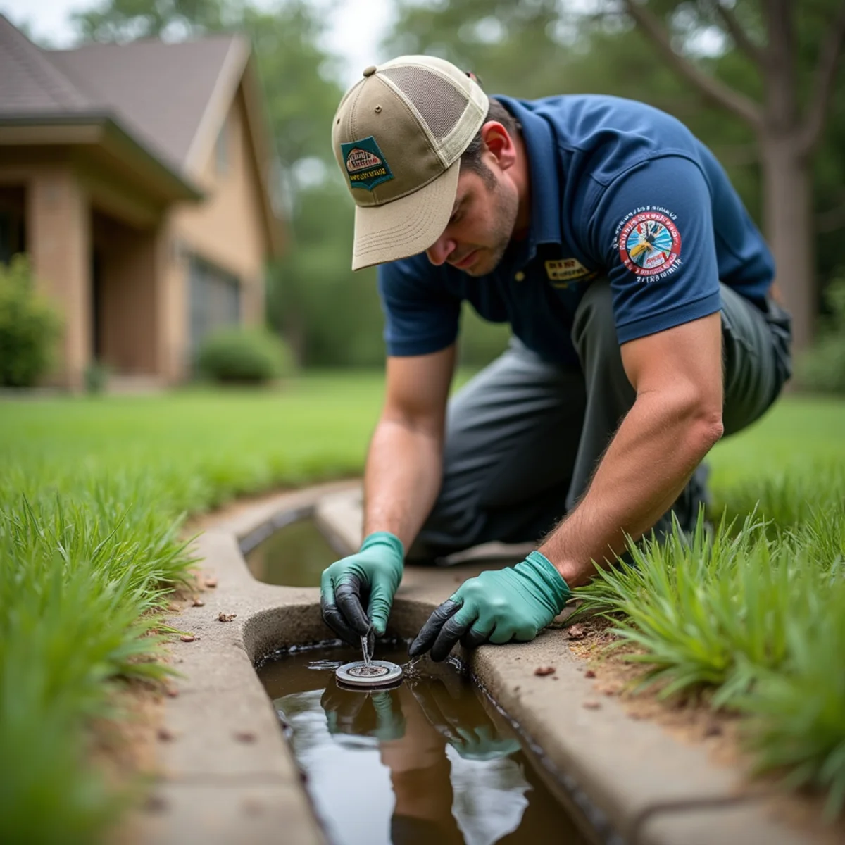 Applying biological BTI larvicide briquette into standing water of outdoor French drain basin
