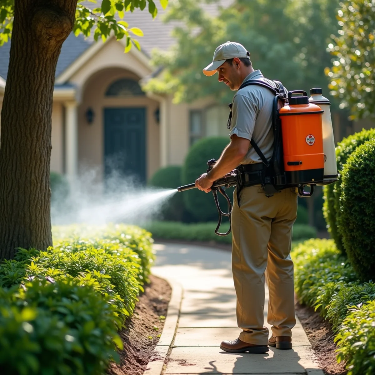 Backpack mist blower mosquito barrier treatment along wooded foliage near Lake Houston