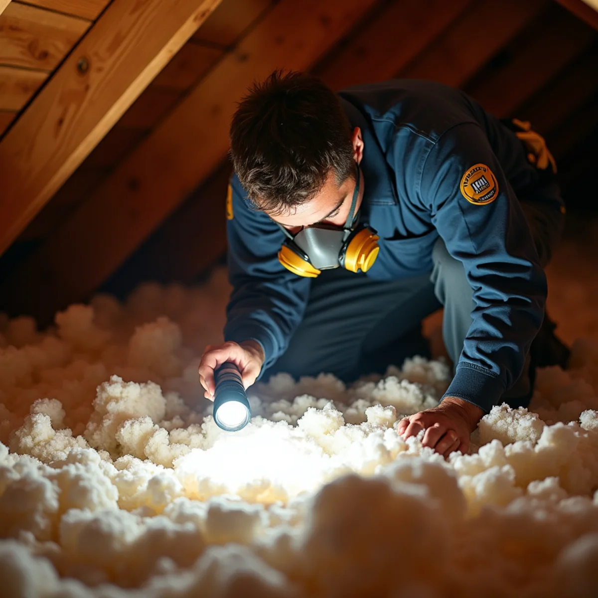 Technician inspecting blown-in attic insulation for rodent droppings and runway trails