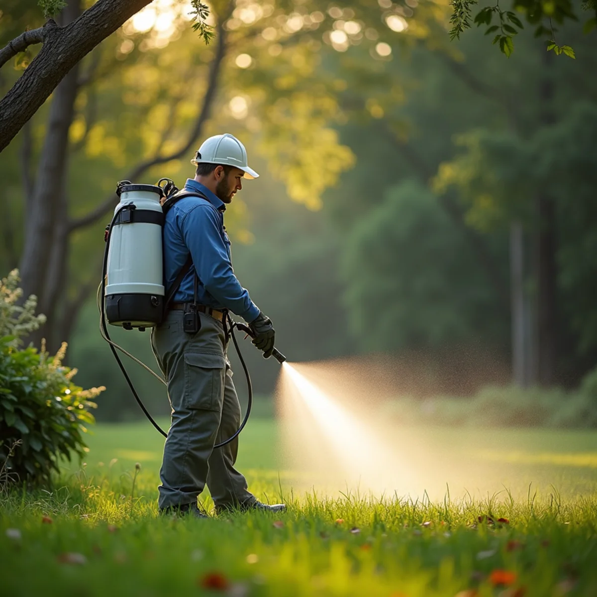Technician applying perimeter mosquito barrier mist along Atascocita residential greenbelt fence