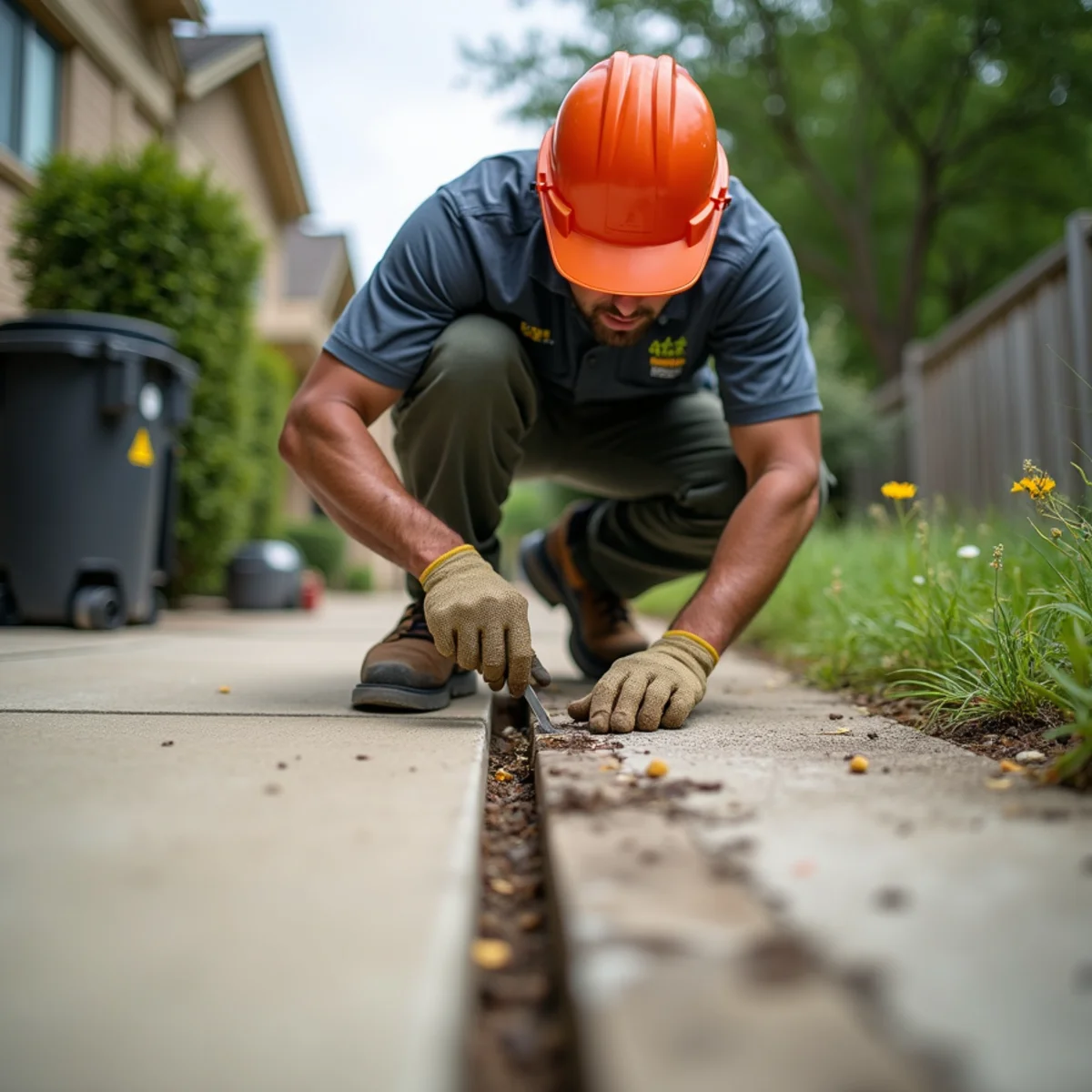 Technician injecting termiticide into concrete slab expansion joint at Spring Texas residence