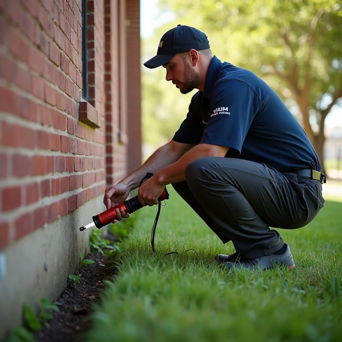 Pest control technician inspecting subterranean termite mud tubes on concrete slab foundation in Texas