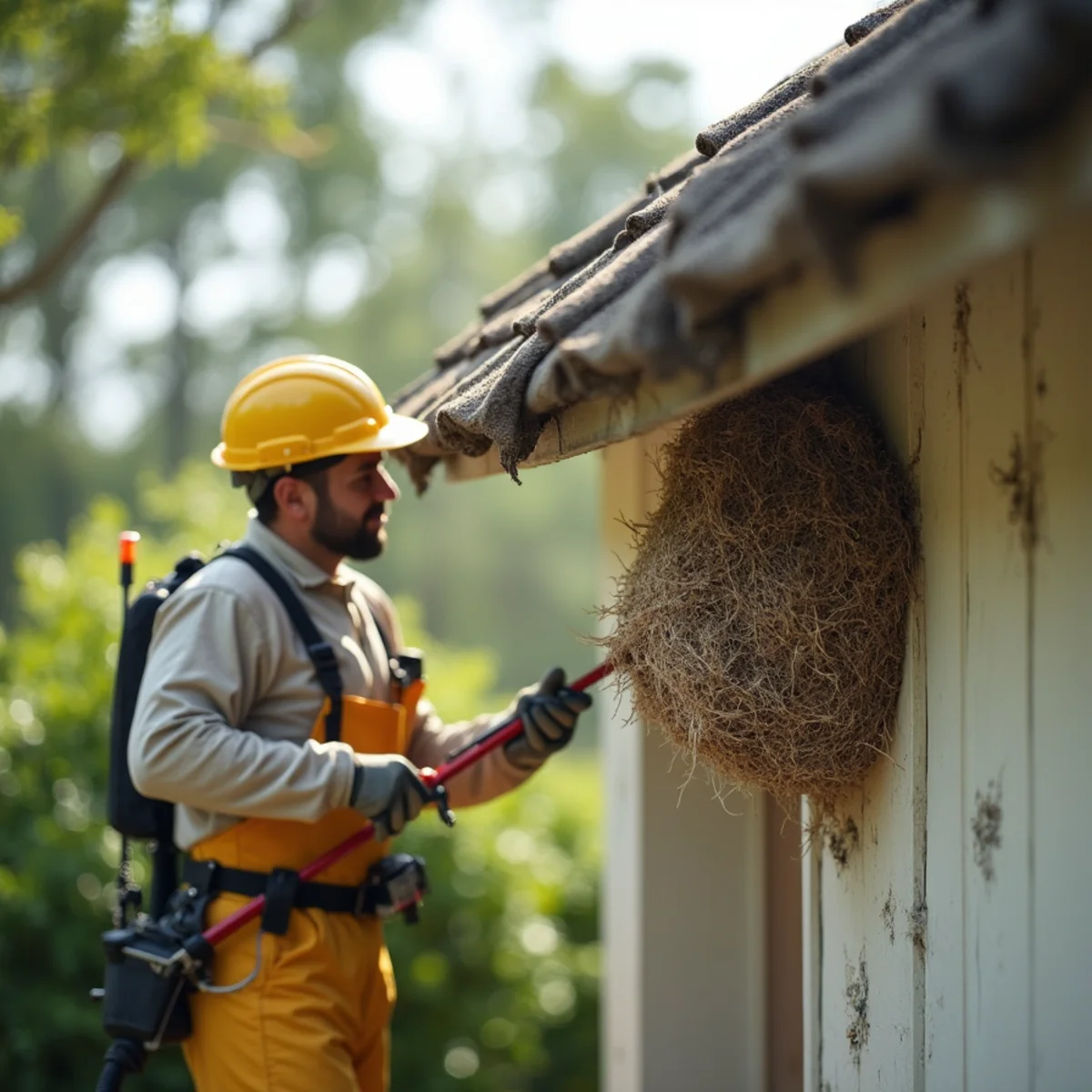 Technician in protective suit using telescoping pole to scrape paper wasp nest from 2nd story soffit