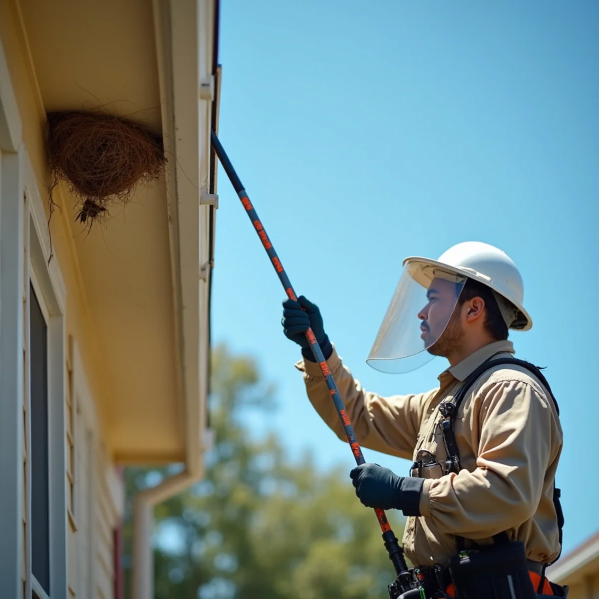 Protective gear technician removing paper wasp nest from roof eave in Humble TX